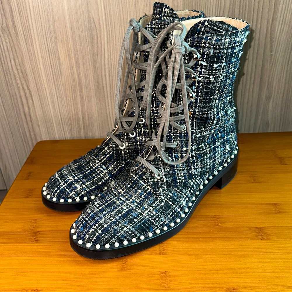 Stuart Weitzman Plaid Studded Sondra Round Toe Block Heel Booties